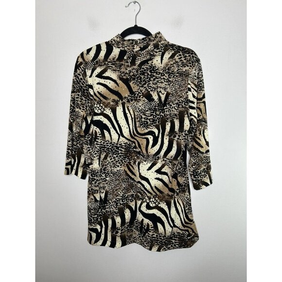 Susan Graver Liquid Knit Brown/Black Animal Print Sparkle Mock Neck Size Small - Picture 3 of 7
